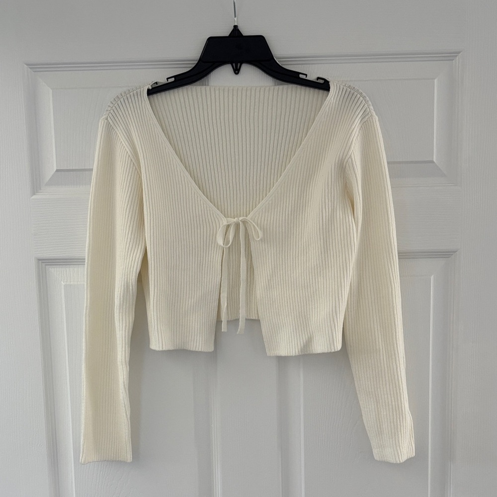 Off-white Ribbed Knit Tie-Front Cardigan
